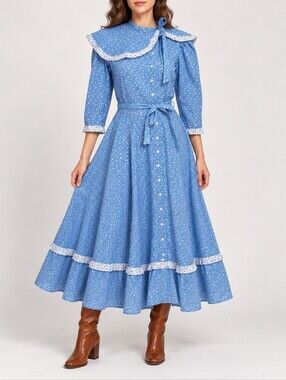 Vintage 70s Foxy Lady Prairie Dress Blue Ditsy Floral Cape Collar Fit Flare XS
